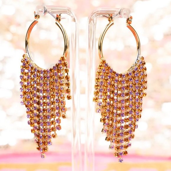 * NWT BOUTIQUE  PURPLE & GOLD RHINESTONE FRINGE GOLDTONE HOOP EARRINGS - Picture 1 of 1